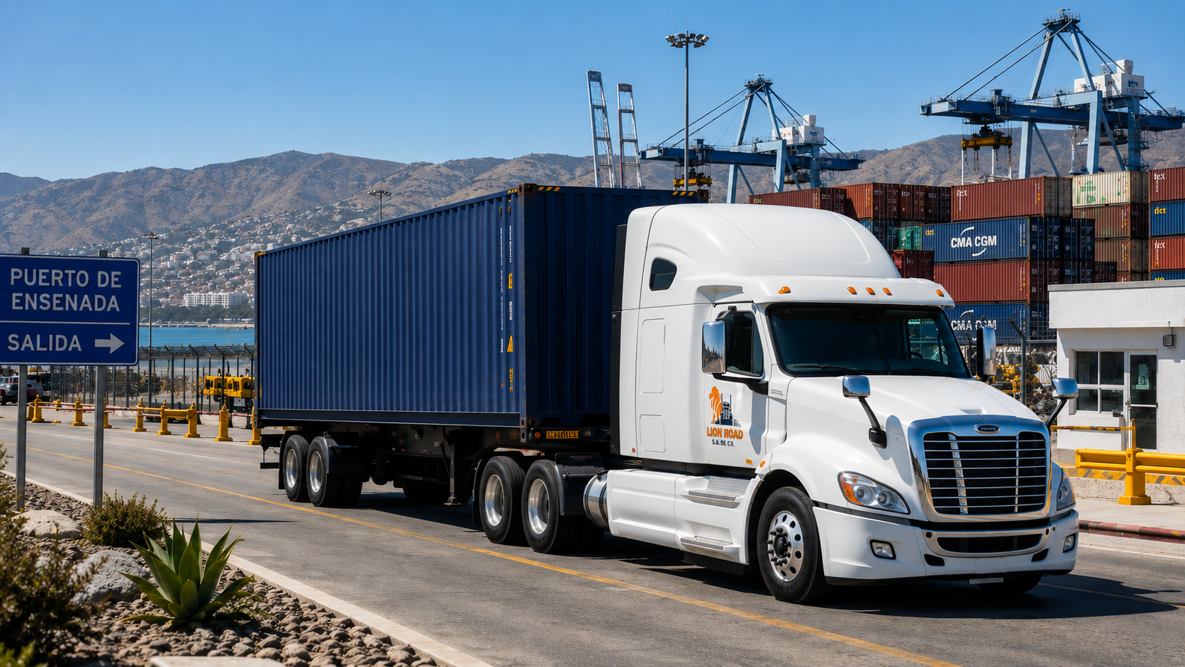 Container truck at the Port of Ensenada with cranes in the background