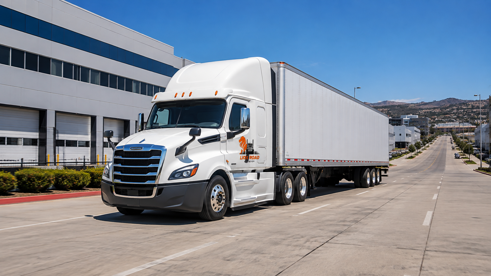 Lion Road tractor-trailer at an industrial facility loading dock in Tijuana